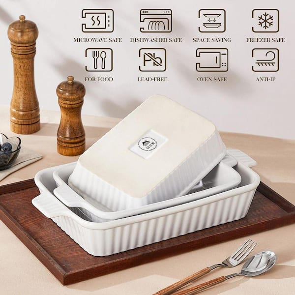 MALACASA 3-Piece White Rectangular Porcelain Baking Dish Set with