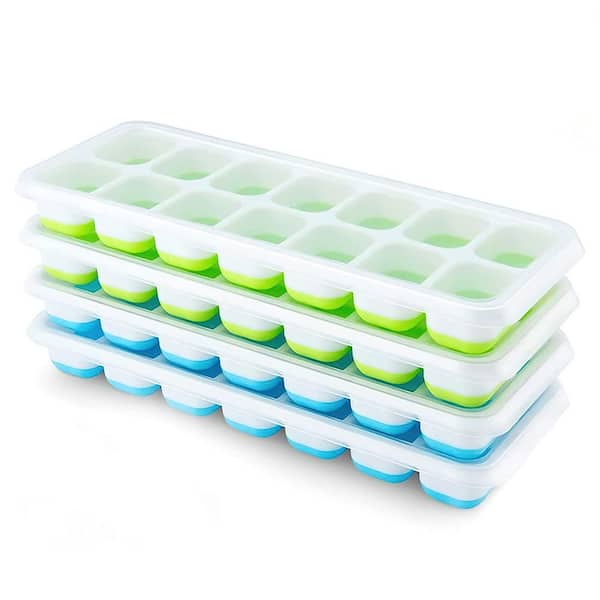 Blue Flexible Ice Cube Mold 4 Pack Silicone Tray with Lid Stackable for Freezer Cocktail Kitchen Bar Use