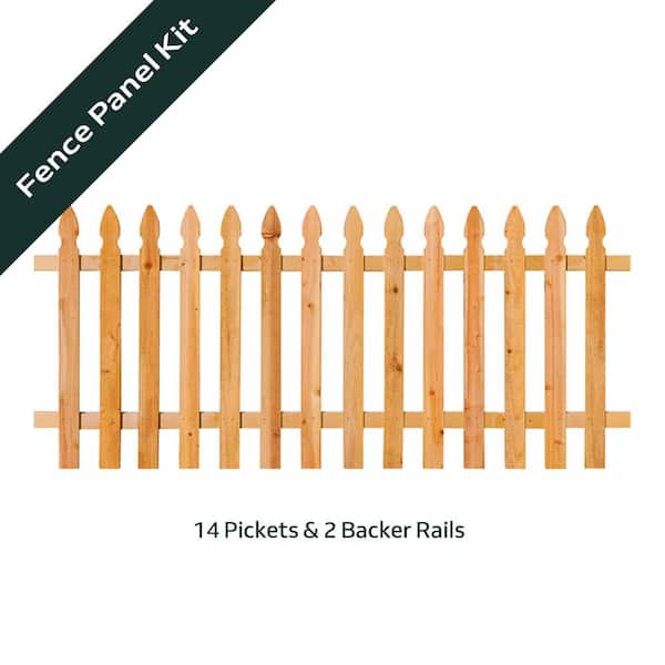 3-1/2 ft. x 8 ft. Western Red Cedar Spaced Picket French Gothic Flat Wood Fence Panel Kit
