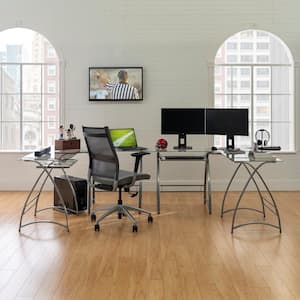 102 in. U-Shaped Silver Metal Glass Top Computer Desks with Keyboard Tray