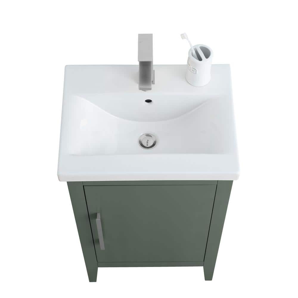 Vintage Green Poplar Wood Single Bathroom Vanity with Ceramic Top