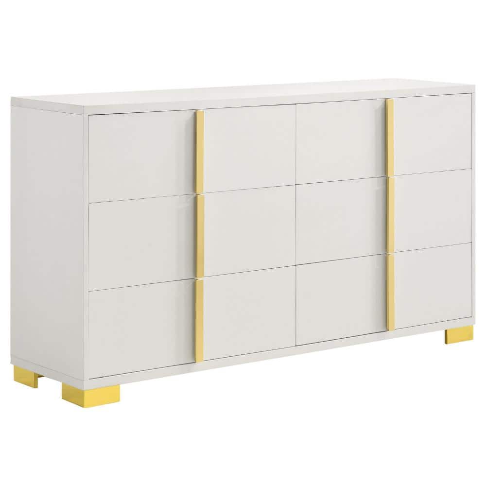 White and Gold 6-Drawer 58.5 in. W Dresser without Mirror