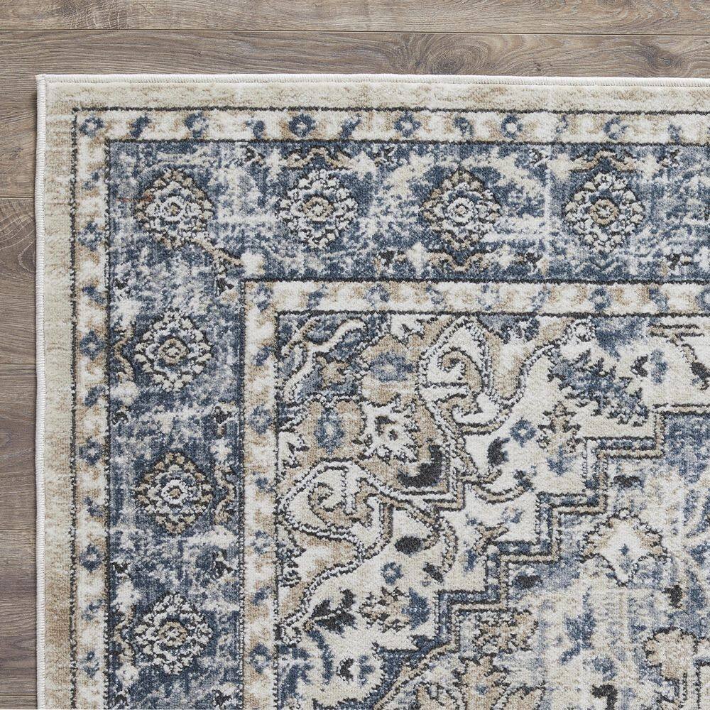 Blue and Beige Floral Medium Pile Synthetic Area Rug