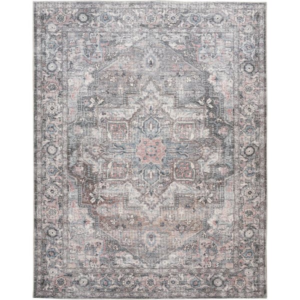 57 GRAND BY NICOLE CURTIS 57 Grand Machine Washable Gray 8 ft. x 10 ft. Floral Traditional Area Rug