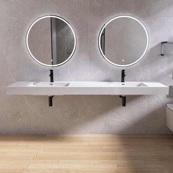 84 in. W x 20 in. D x 7 in. H SMC Composite Bathroom Double Wall-Mount Sink/ Vessel Sink in White with Faucet Hole