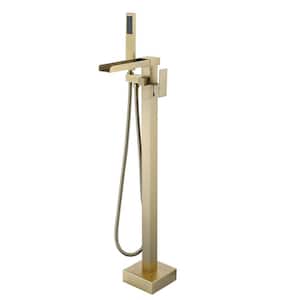Single-Handle Waterfall Floor Mounted Freestanding Tub Faucet with Hand Shower in Brushed Gold