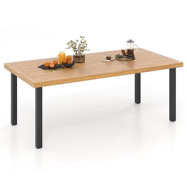 Acacia Wood Dining Table for 8 People, 79 in. Large Rectangular Patio Table with Built-in Umbrella Hole
