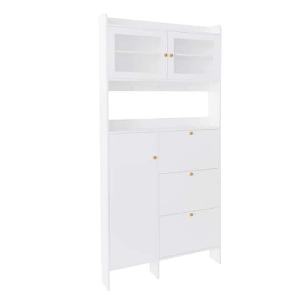 Nestfair 82 in. H x 39.2 in. W White Shoe Storage Cabinet with 3-Flip Drawers, Hooks and Tempered Glass Doors