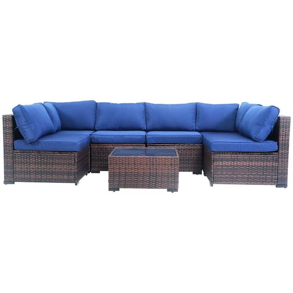 7-Piece Dark Blue Wicker Outdoor Furniture Conversation Set with Thick Cushions and Coffee Table