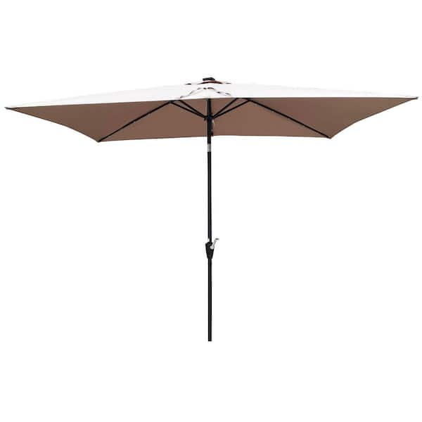 BANSA ROSE CoolSum 10 x 6.5 ft. Steel Push-Up Solar LED Lighted Patio Umbrella in Mushroom with Crank and Tilt, UV-Resistant