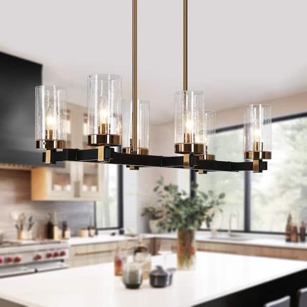 27 in. 6-Light Modern Black Chandelier, Farmhouse Chandelier with Seeded Glass Shade for Dining Room,Brass Pendant Light