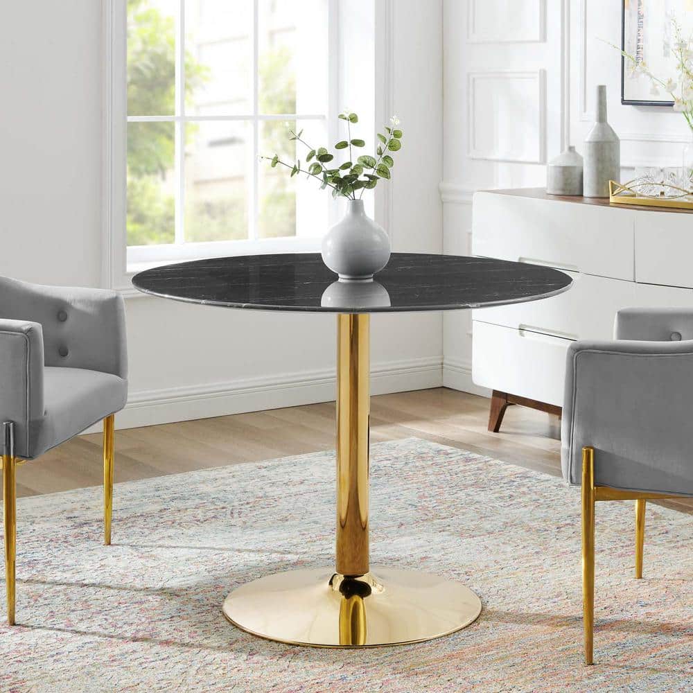 Black Round Artificial Marble Dining Table with Gold Metal Base