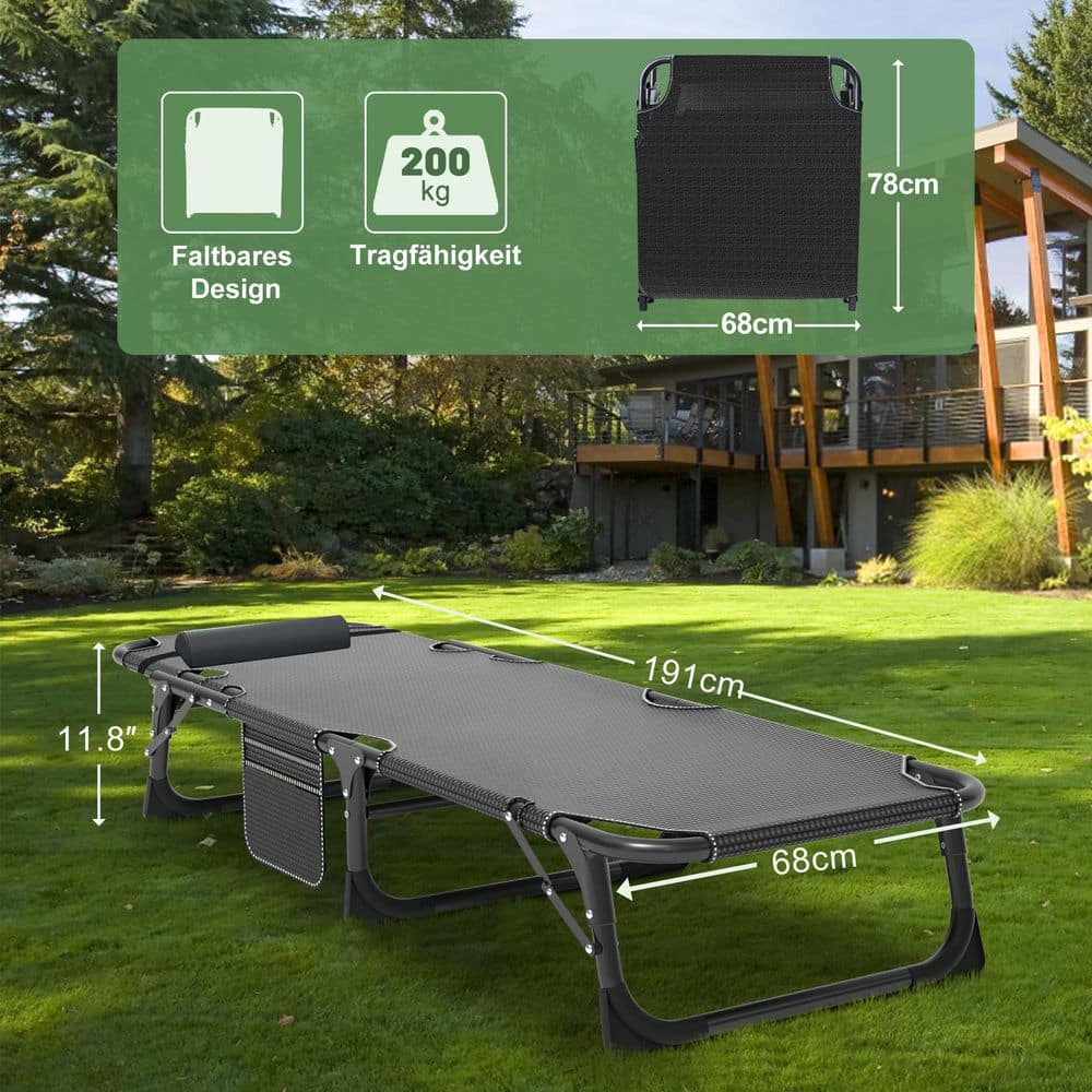 Grey folding lounge chair shown in a garden setting with dimensions and weight capacity.