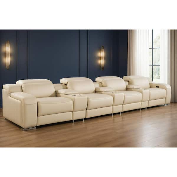 169.00 in. Straight Arm Leather Curved Sofa Beige