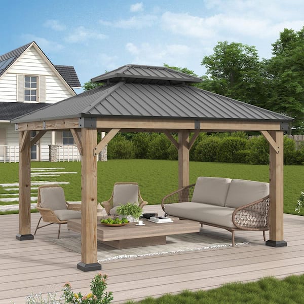 10 ft. x 12 ft. Cedar Wood Frame Hardtop Double Roof Gazebo with Ceiling Hook