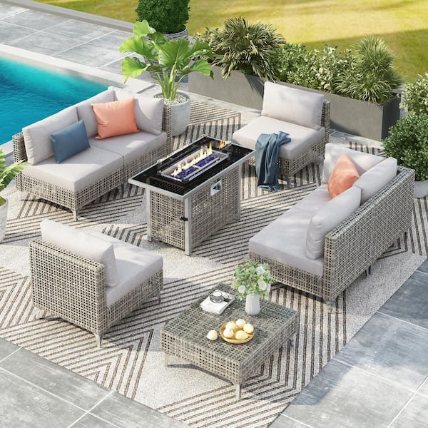 Runesay 8-Piece Rattan Patio Outdoor Furniture Set and 43 in. 60,000 BTU Rectangle Propane Fire Pit with Gray Cushions