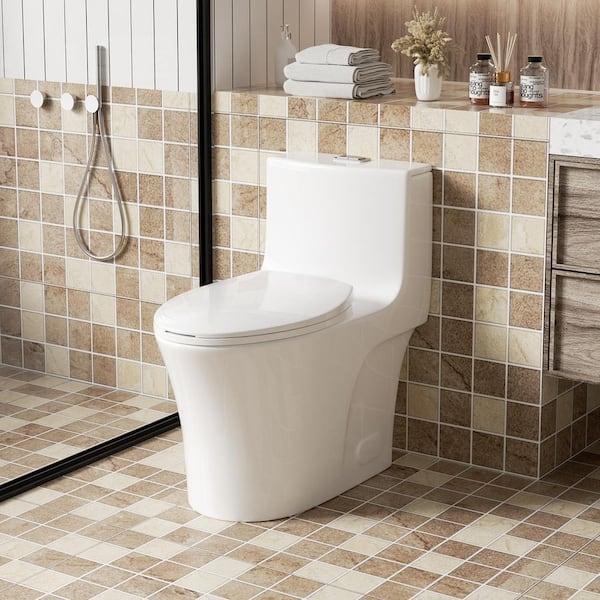 1-Piece 1.1/1.6 GPF Elongated Dual-Flush Toilet in Gloss White with Soft Close Seat