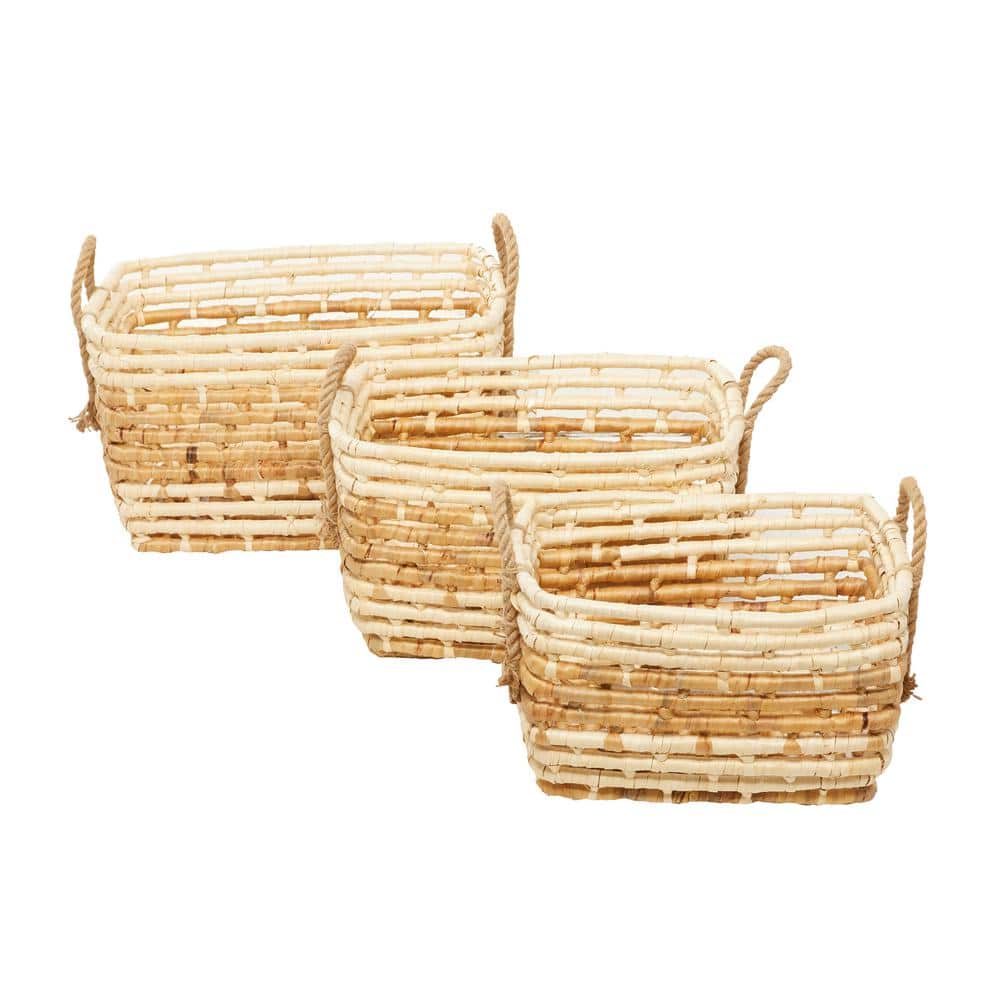 Natural Seagrass Rectangular Storage Baskets with Wooden Handles, Set of 3
