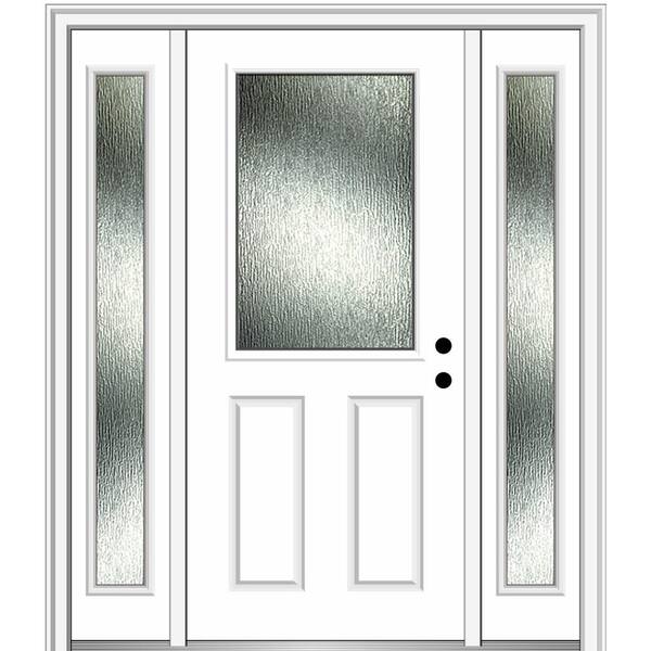 MMI Door 60 in. x 80 in. Left-Hand Inswing Rain Glass Brilliant White Fiberglass Prehung Front Door on 4-9/16 in. Frame