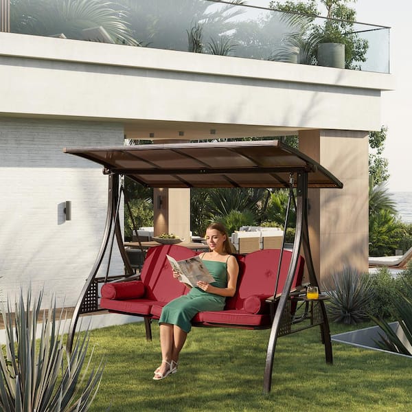 Heavy Duty 3 Seat Metal Outdoor Patio Swing Chair Bench for Adult with Adjustable Canopy Cushions and Cup Holder YS231102 RD The Home Depot