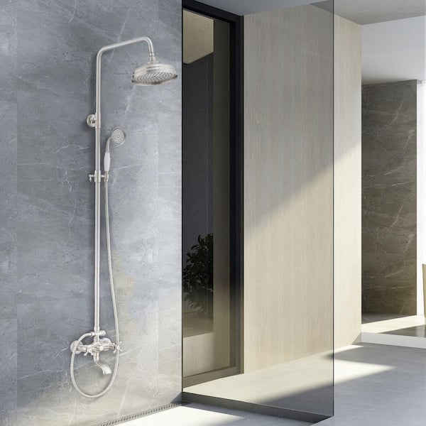 3-Spray Wall Slid Bar Round Rain Shower Faucet with Tub Faucet 2 Cross Handles in Brushed Nickel (Valve Included)