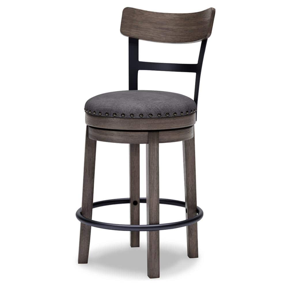 Gray Medium Wood and Metal Swivel Bar Stool with Nailhead Trim