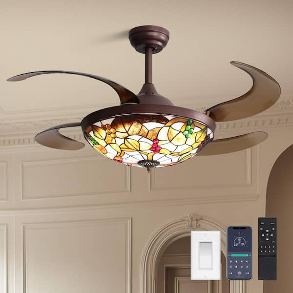 48 in. Smart Indoor Brown Retractable Ceiling Fan with Integrated LED Light and Remote APP Tiffany Glass Shade
