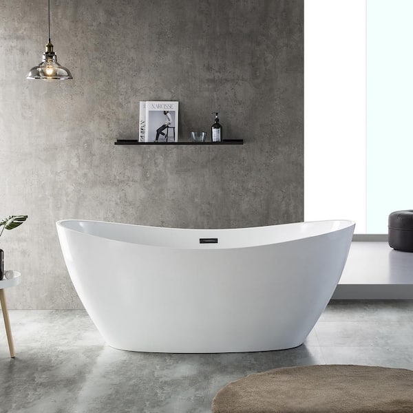 ANGELES HOME 59 in. Acrylic Flatbottom Freestanding Soaking Bathtub in Glossy White