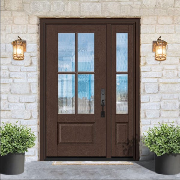 Regency 53 in. x 80 in. 3/4Lite 4SDL Oasis Deco Glass LHIS Prefinish Chestnut Fiberglass Prehung Front Door w/1_ 14inSL