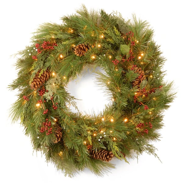 National Tree Company 30 in. White Pine Artificial Wreath with Battery Operated Warm White LED Lights