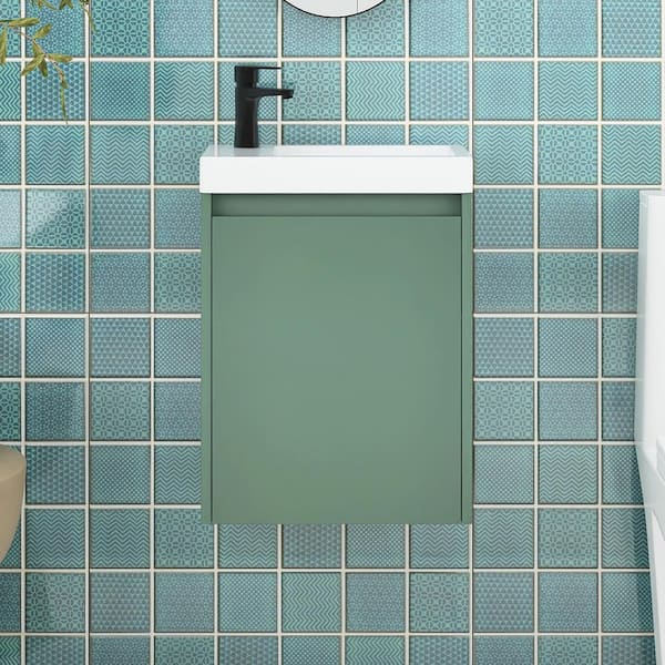 Staykiwi 16 in. W x 8.7 in. D x 21.3 in. H Wall-Mounted Bath Vanity in Green with White Ceramic Top