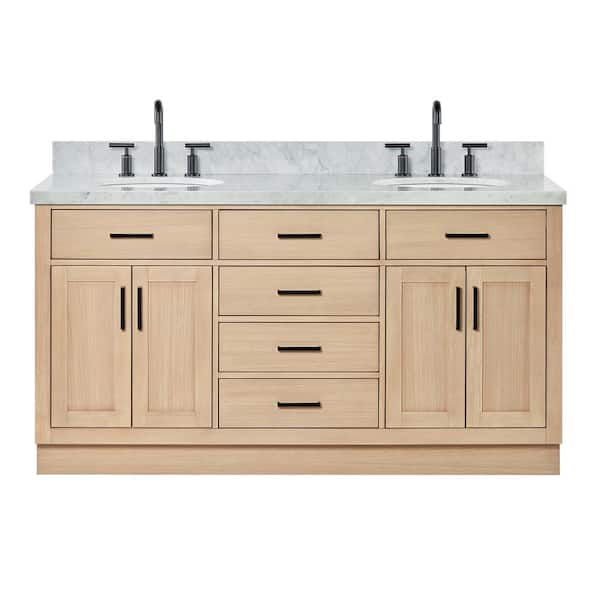 Hepburn 66 in. Double Sink Freestanding Bathroom Vanity in Oak with Carrara White Marble Top