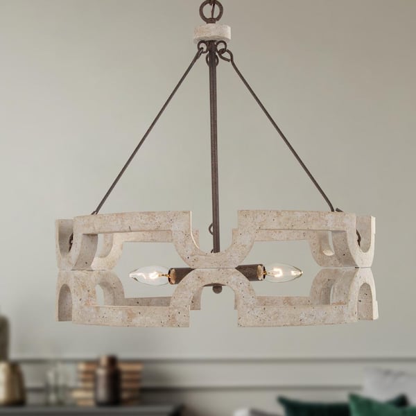 LNC Jolla Farmhouse 3-Light Rustic White Wood Classic Cage Drum Chandelier Dining Island Light with Weathered Dot Accents