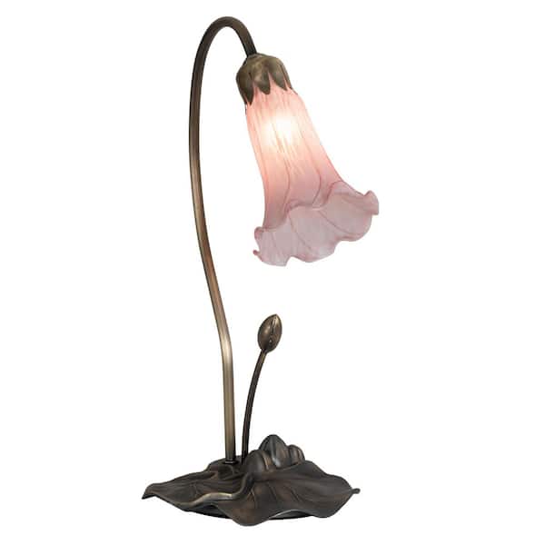 MEYDA Pond Lily 16 in. Antique Brass Novelty Victorian Mini Table Lamp with Pink Glass Shade