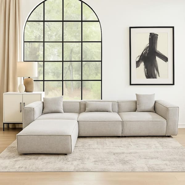 129 in. Square Arms Polyester L Shaped Sectional Sofa in Barley Gray and Black