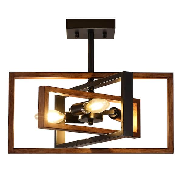 LWYTJO Ekber 15.8 in. 3-Light Black/Brown Farmhouse Rustic Rectangle Semi Flush Mount Ceiling Light