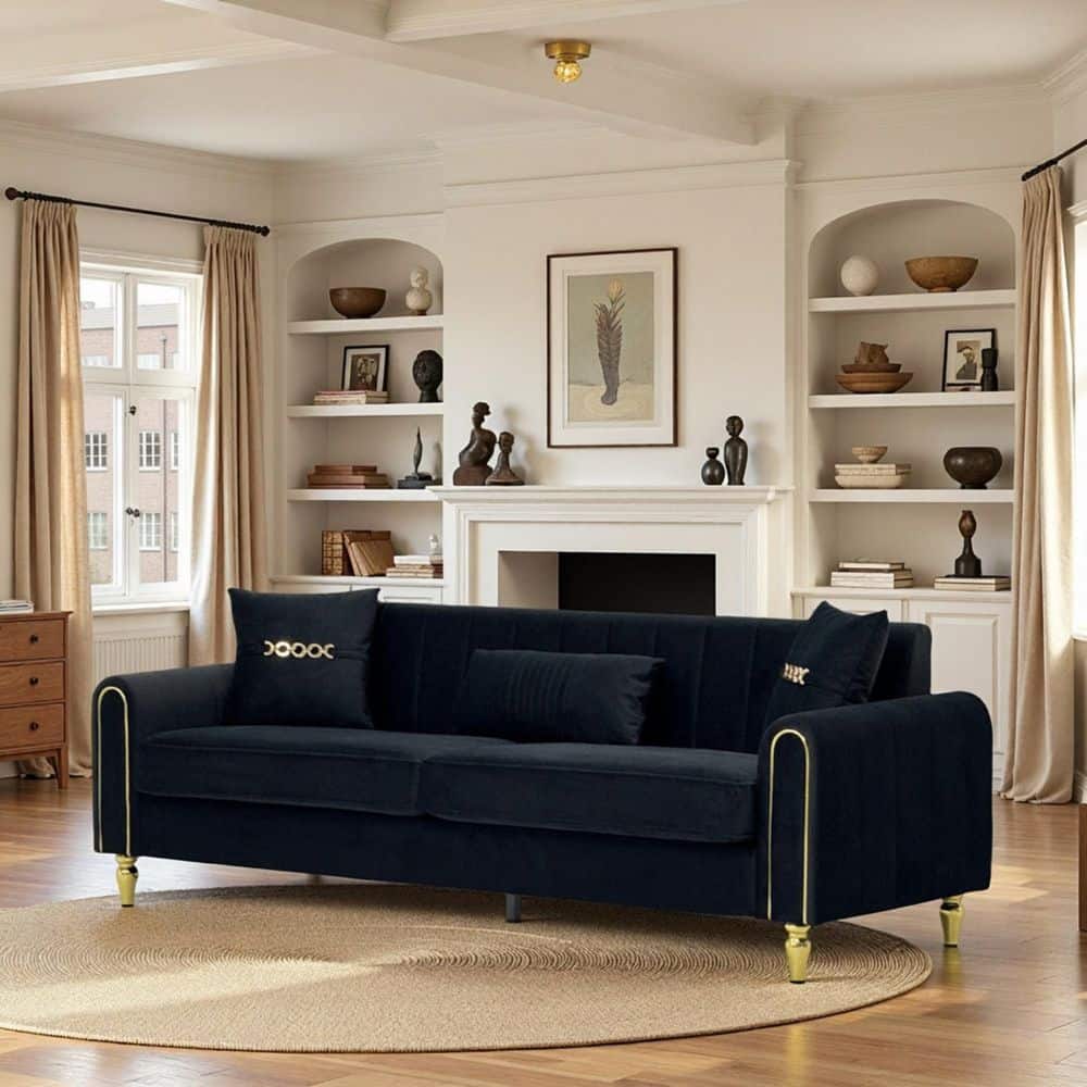Eztli 87.5 in. W Rolled Arms Velvet Rectangle Sofa in Black with Pillows and Metal Legs price history on PriceWatchPro