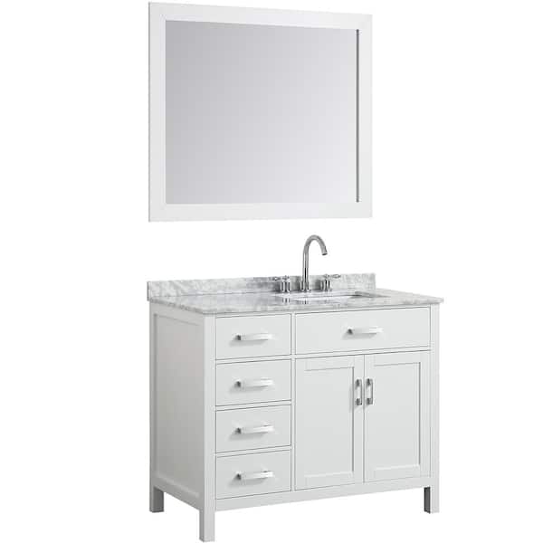 BEAUMONT DECOR Hampton 43 in. Bath Vanity in White with Marble Vanity Top in Carrara White with White Basin and Mirror