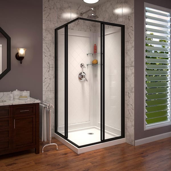 Cornerview 36 in. D x 36 in. W Framed Sliding Shower Kit in Satin Black with Shower Base in White, Corner Drain Cornerview 36 in. D x 36 in. W Framed Sliding Shower Kit in Satin Black with Shower Base in White, Corner Drain