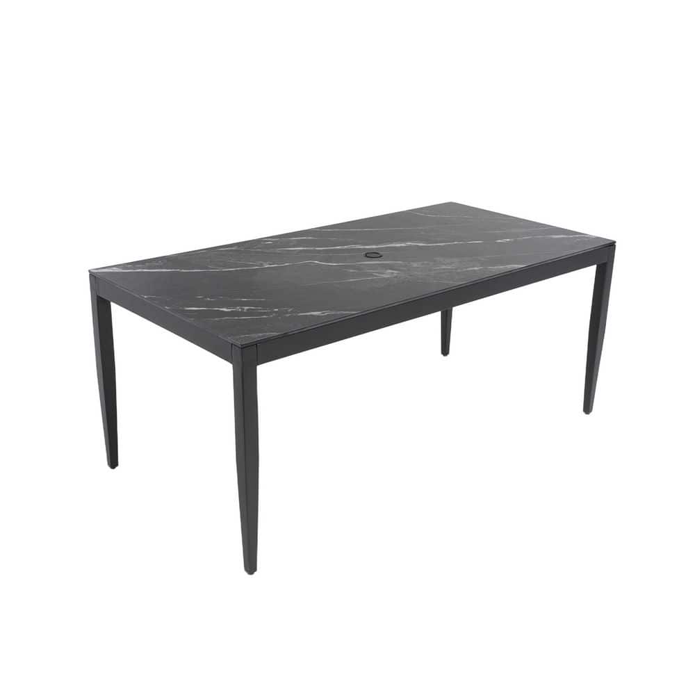 Outdoor Modern Patio 35.5 in. x 71 in. Aluminum Dining Table Black Marble-Inspired Sintered Stone Top Ember Black Finish price history on PriceWatchPro