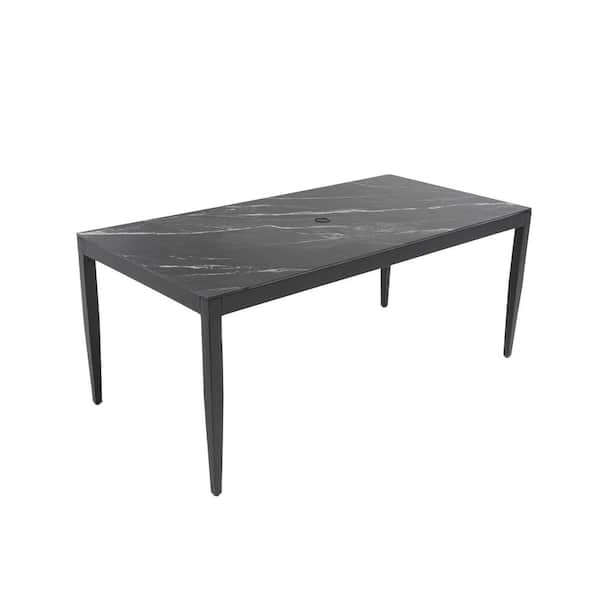 Outdoor Modern Patio 35.5 in. x 71 in. Aluminum Dining Table Black Marble-Inspired Sintered Stone Top Ember Black Finish