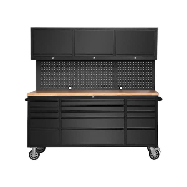 72 in. Stainless Steel Mobile Workbench Cabinet with Wheels, 15-Drawer, 3 Top Storage Cabinet, Rubber Wood Top, Lock Key