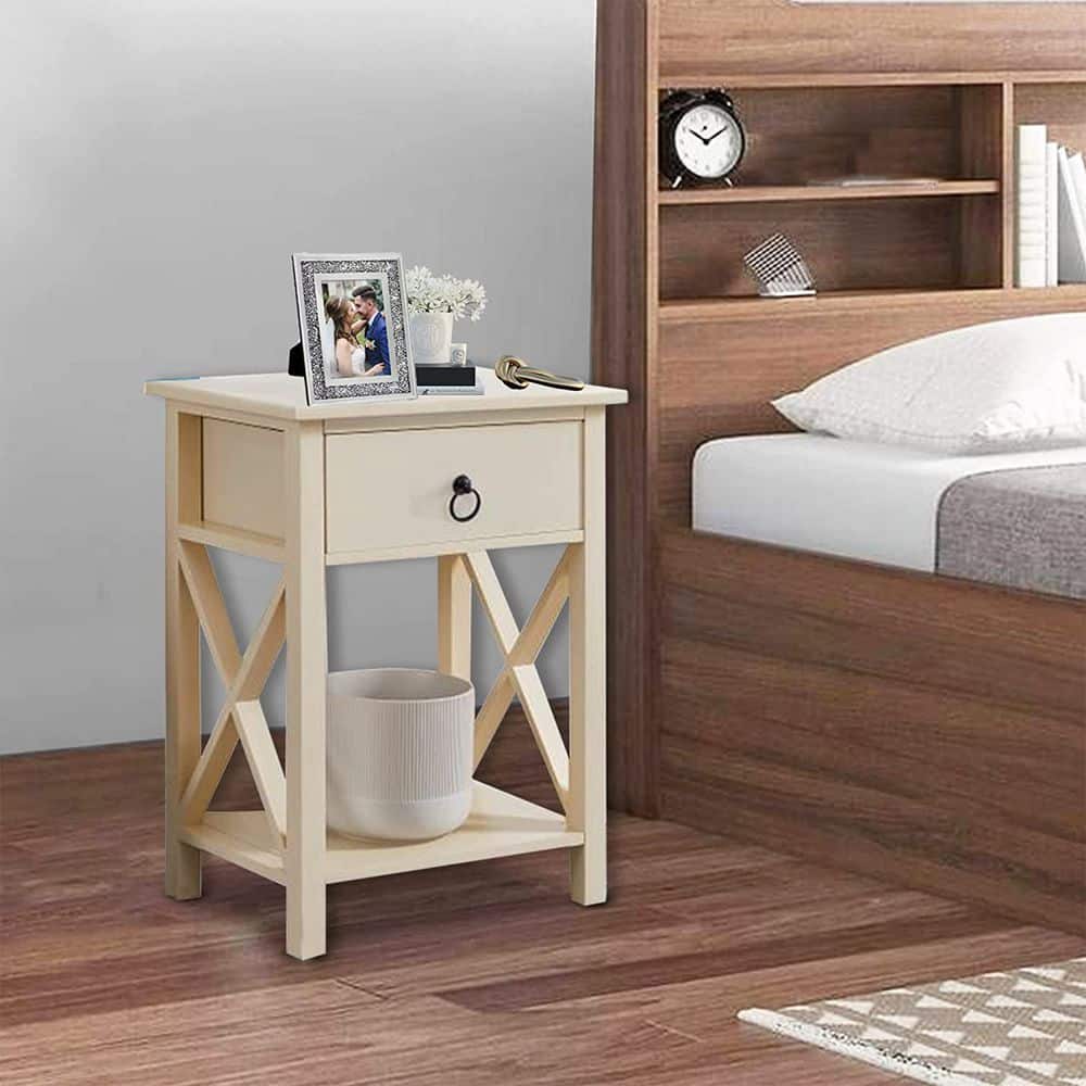 Set of 2 Cream Wooden End Tables - Modern Minimalist Nightstands with Storage