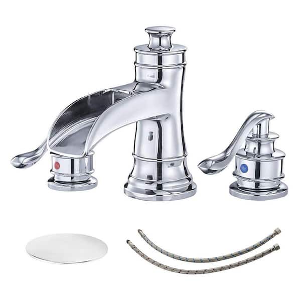 BWE 8 in. Waterfall Widespread 2-Handle Bathroom Faucet With Pop-up Drain Assembly in Spot Resist Polished Chrome
