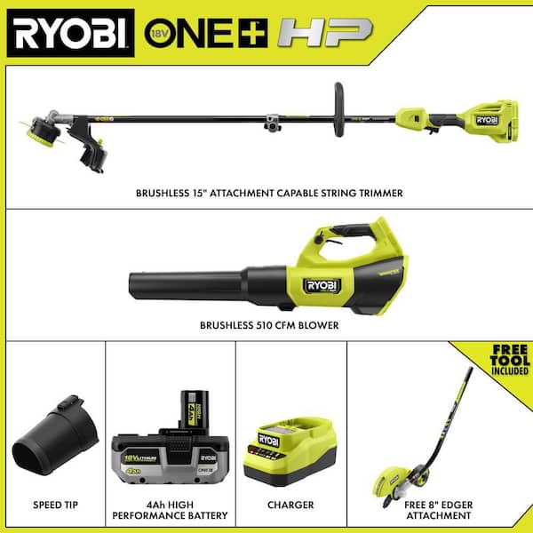 ONE+ HP 18V Brushless Cordless Attachment Capable 15" Trimmer and Blower Combo Kit w/ Edger, 4.0 Ah Battery & Charger