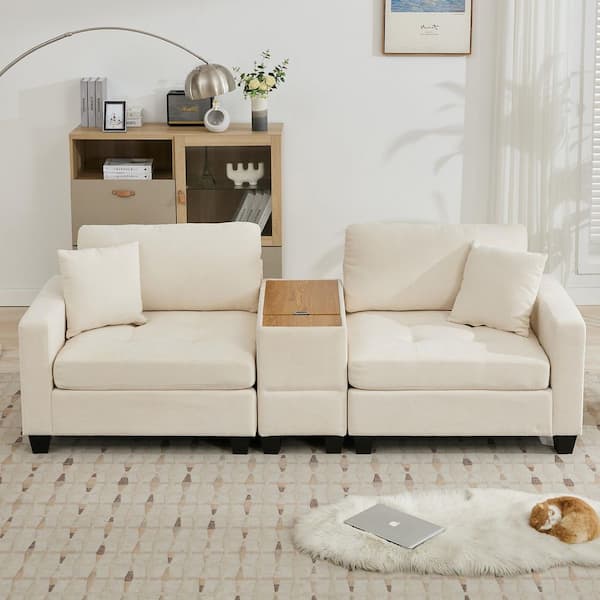 Jearey Sunderland 97.64 in. Chenille Beige Tufted Sectional Sofa Couch with Side Table, Split Left and Right Seats, 2-Pillows