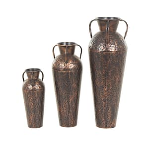 Copper Tall Floor Weathered Amphora Metal Decorative Vase with Hammered Details and Handles (Set of 3)