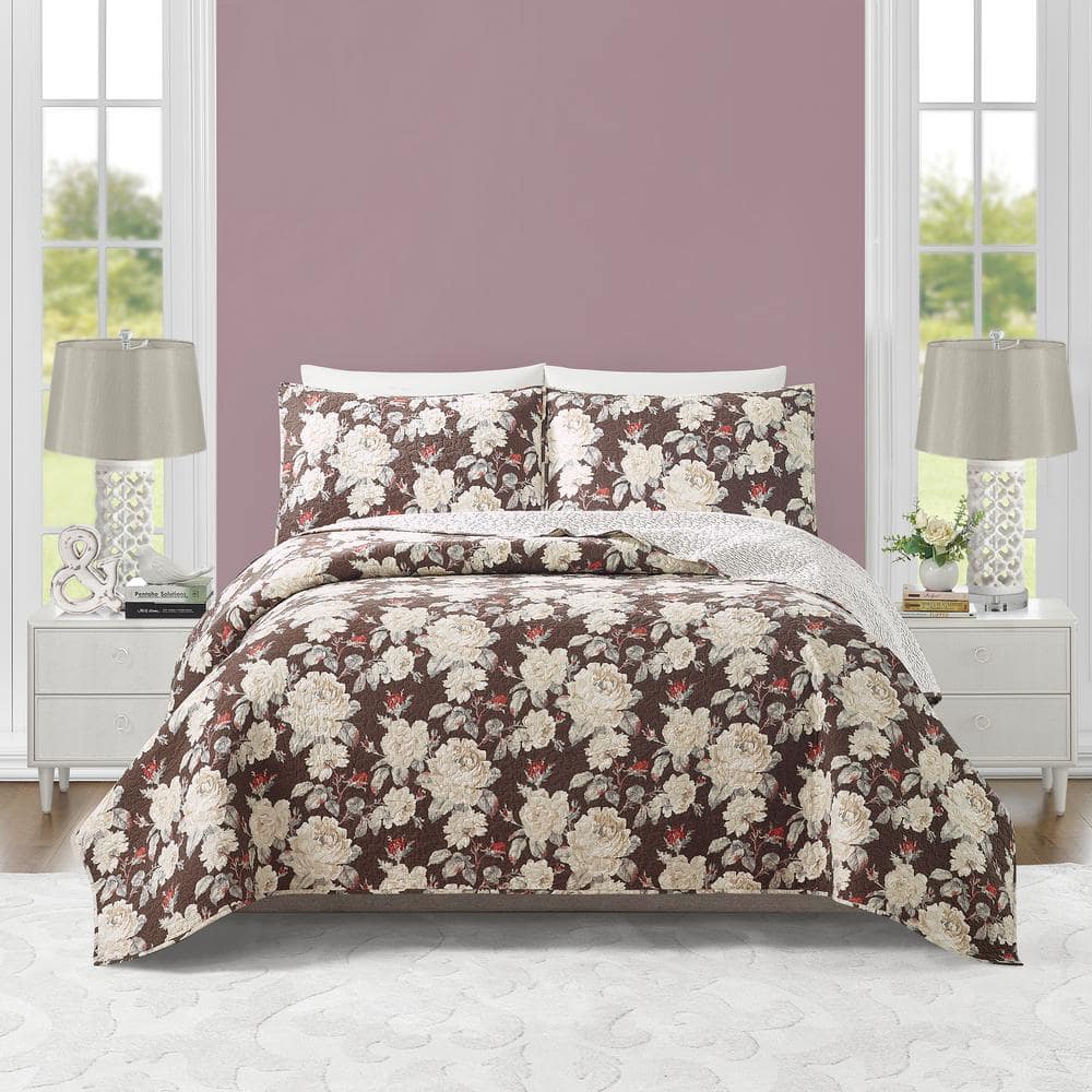King Size Brown Cotton Floral Quilt Set with Shams