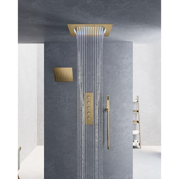 15-Spray 20 in. and 10 in. Ceiling Mount LED Mood Lighting Music Dual Shower Head and Handheld Shower in Brushed Gold