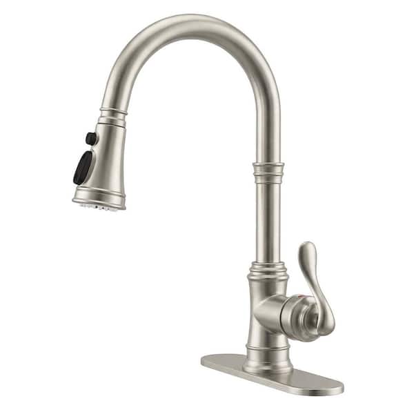 Single Handle 3 Spray High Arc Pull Down Sprayer Kitchen Faucet with Deck Plate in Brushed Nickel
